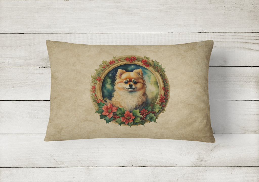 Pomeranian Christmas Flowers Decorative Throw Pillow 12x16 Indoor Outdoor Accent Cushion, Fabric Cover with Insert for Sofa, Bed, Porch & Living Room