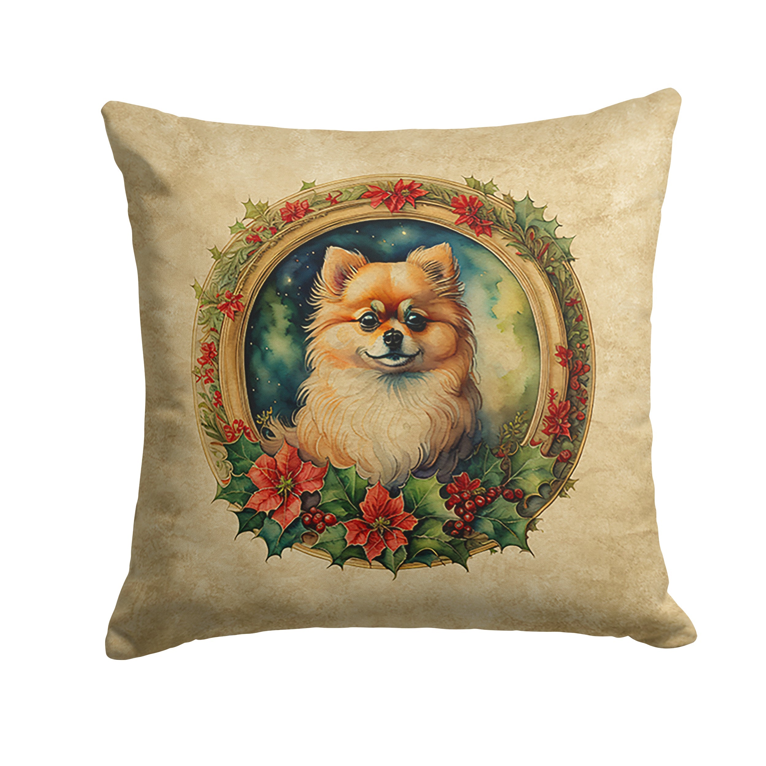 Pomeranian Christmas Flowers Decorative Throw Pillow 14x14 Indoor Outdoor Accent Cushion, Fabric Cover with Insert for Sofa, Bed, Porch & Living Room