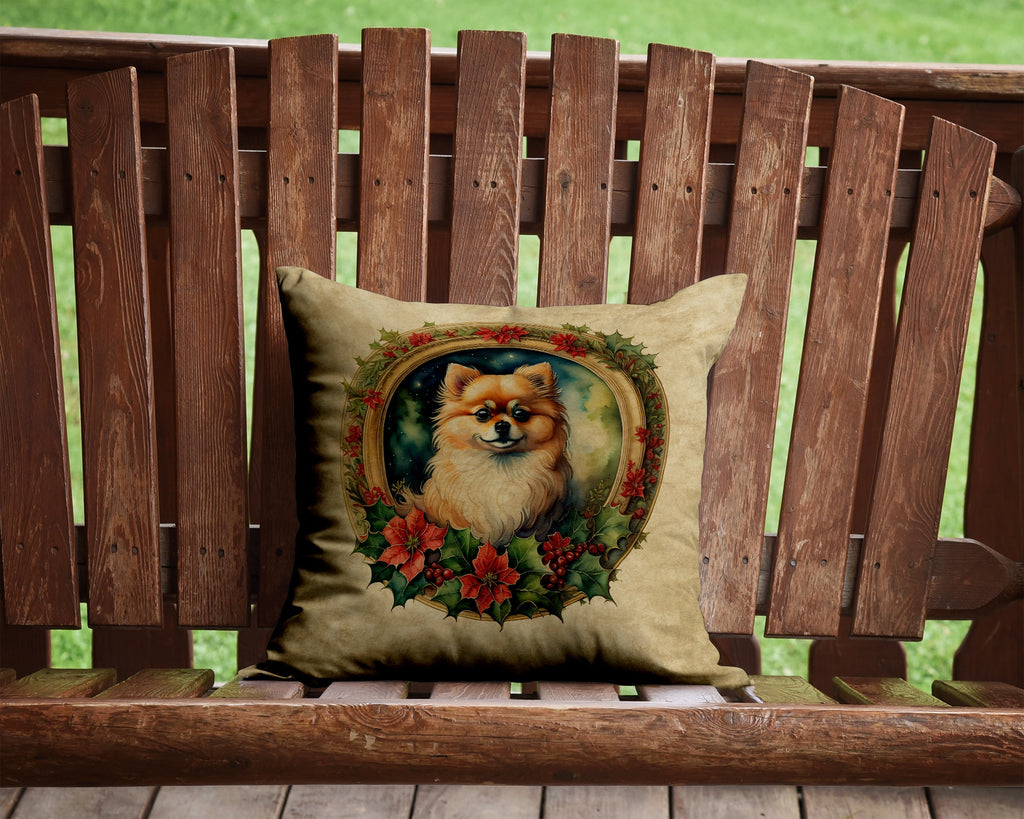 Pomeranian Christmas Flowers Decorative Throw Pillow 14x14 Indoor Outdoor Accent Cushion, Fabric Cover with Insert for Sofa, Bed, Porch & Living Room