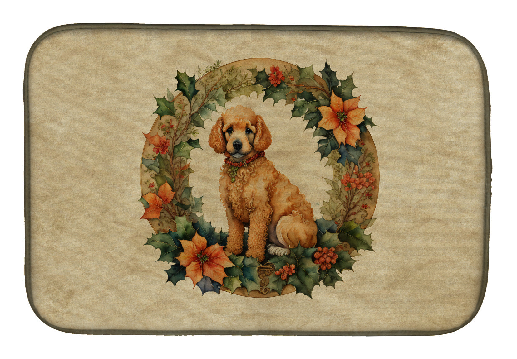 Poodle Christmas Flowers Dish Drying Mat Absorbent Dish Drying Mat Pad for Kitchen Counter Dish Drainer Mat for Countertop, 14 x 21", Multicolor