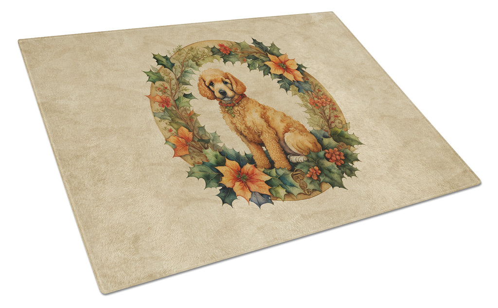 Poodle Christmas Flowers Cutting Board Tempered Glass Kitchen Cutting Surface, Heat Resistant Chopping, Non-Slip Feet, Food Prep & Serving