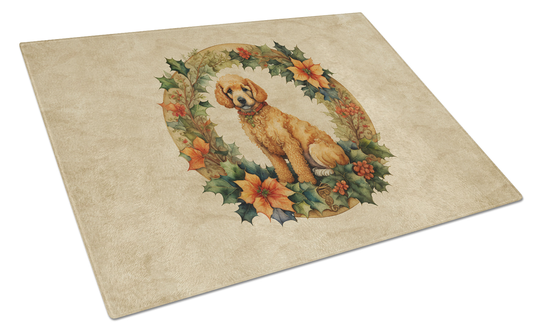 Poodle Christmas Flowers Cutting Board Tempered Glass Kitchen Cutting Surface, Heat Resistant Chopping, Non-Slip Feet, Food Prep & Serving