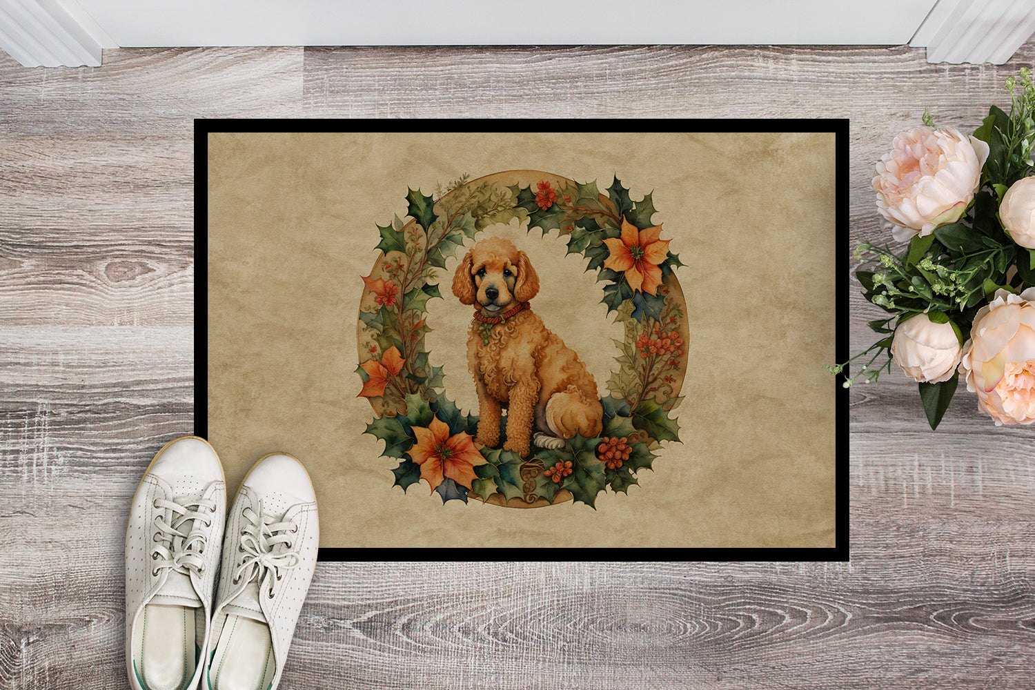 Poodle Christmas Flowers Doormat Indoor Outdoor 18H X 27W Front Door Mat Rugs for Entryway, Non Slip Washable