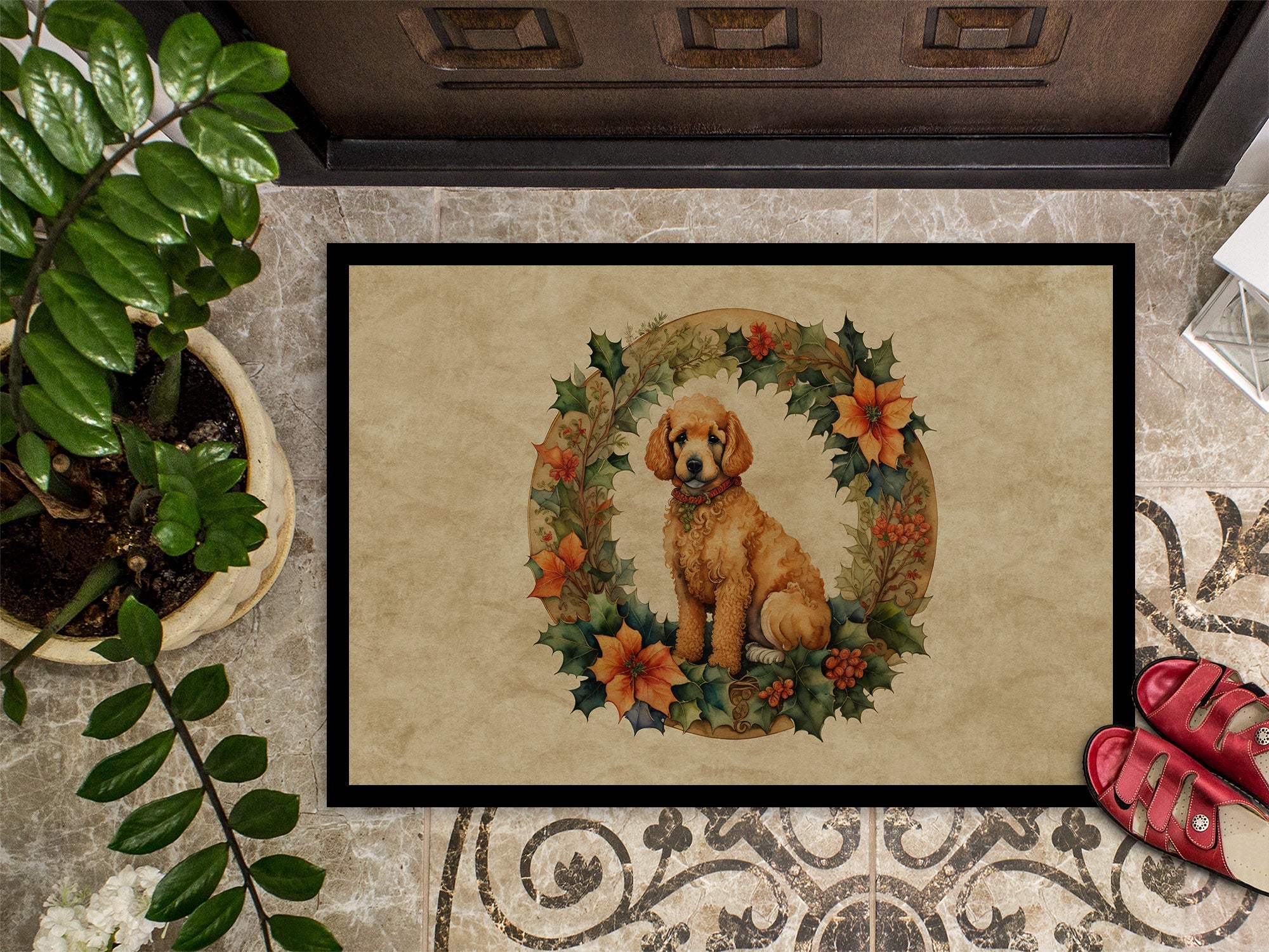 Poodle Christmas Flowers Doormat Indoor Outdoor 18H X 27W Front Door Mat Rugs for Entryway, Non Slip Washable