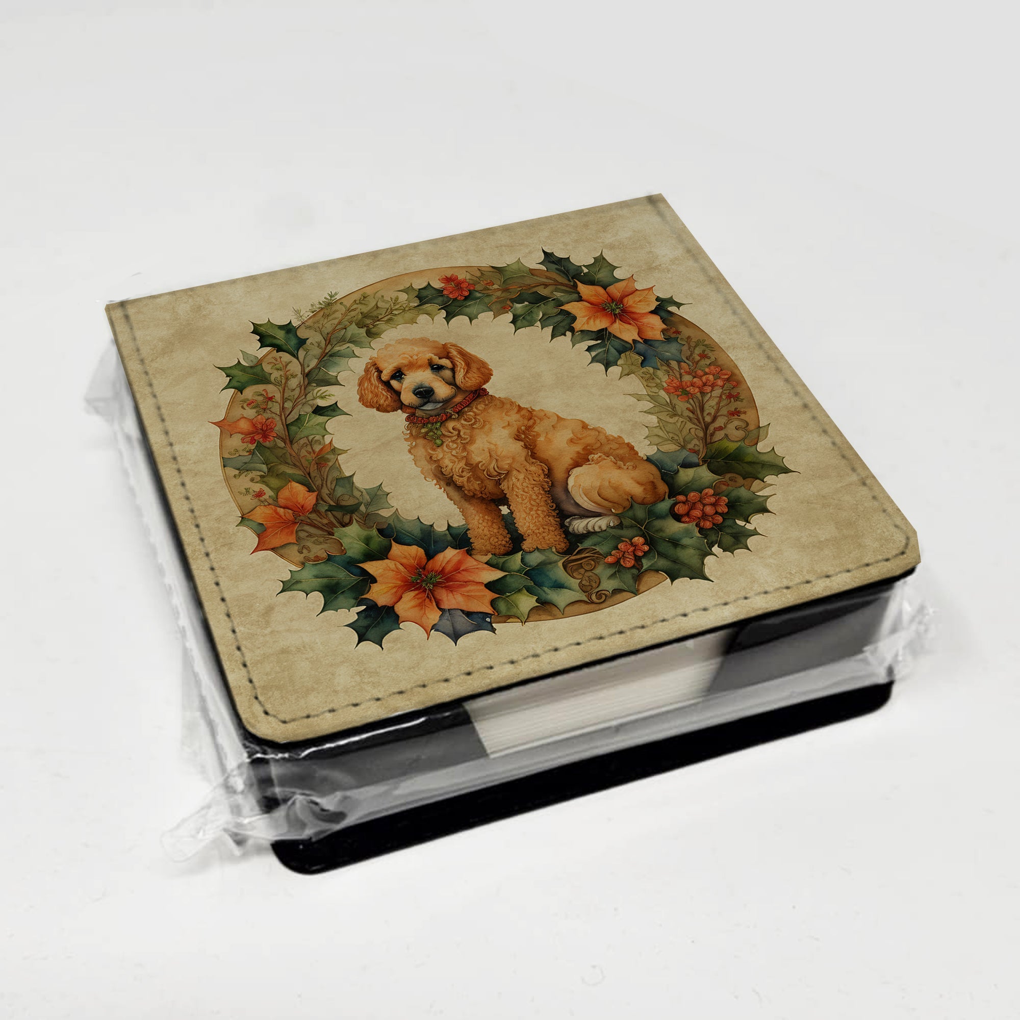 Poodle Christmas Flowers PU Leather Note Paper Holder with Artist-Designed Cover, Desk Accessory, Office Gift