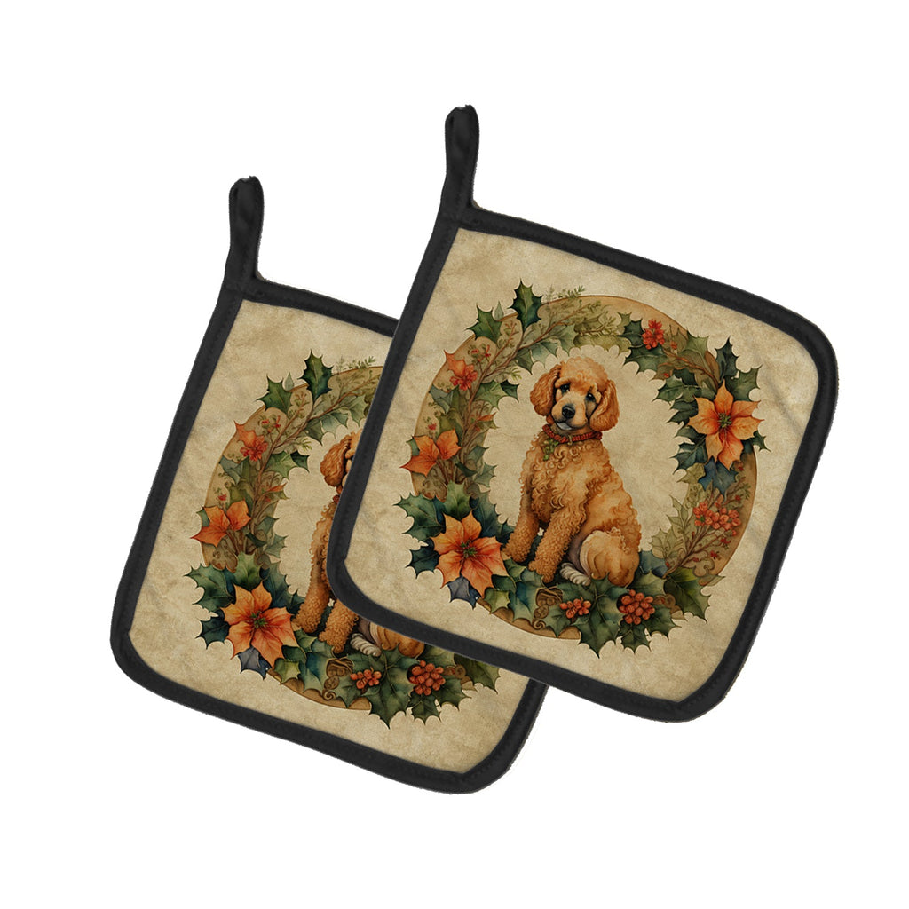 Poodle Christmas Flowers Pot Holder Set of 2 Heat Resistant Quilted Hot Pads 7.5 x 7.5 Inch, Insulated Kitchen Trivets for Cooking & Baking