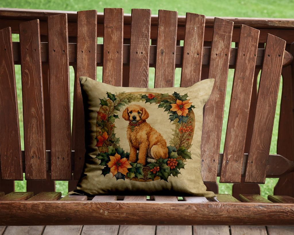 Poodle Christmas Flowers Decorative Throw Pillow 14x14 Indoor Outdoor Accent Cushion, Fabric Cover with Insert for Sofa, Bed, Porch & Living Room