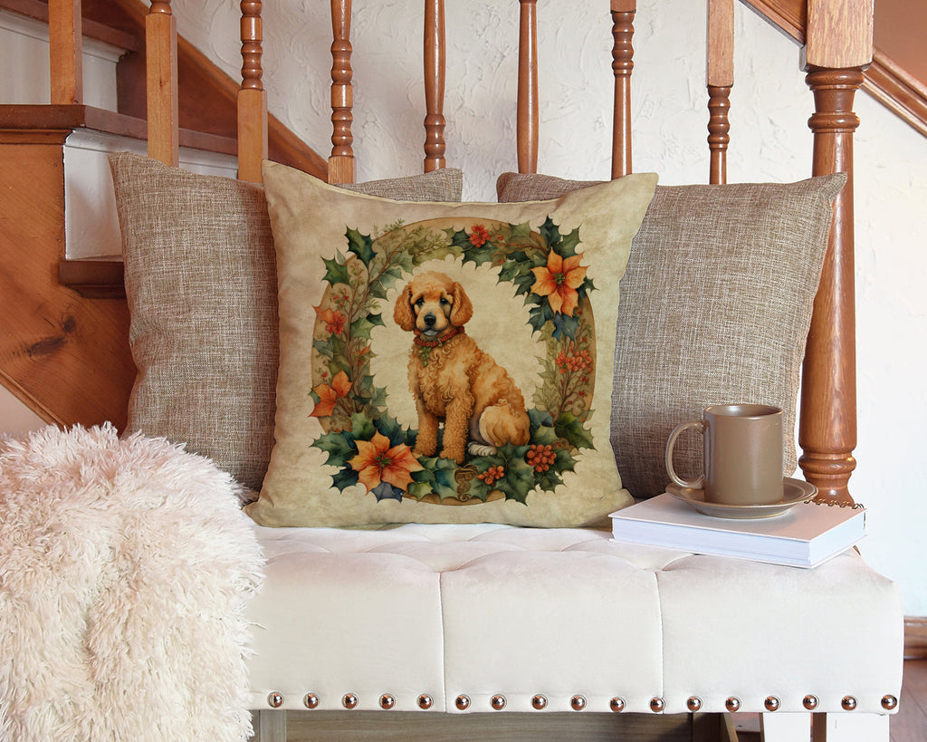 Poodle Christmas Flowers Decorative Throw Pillow 14x14 Indoor Outdoor Accent Cushion, Fabric Cover with Insert for Sofa, Bed, Porch & Living Room