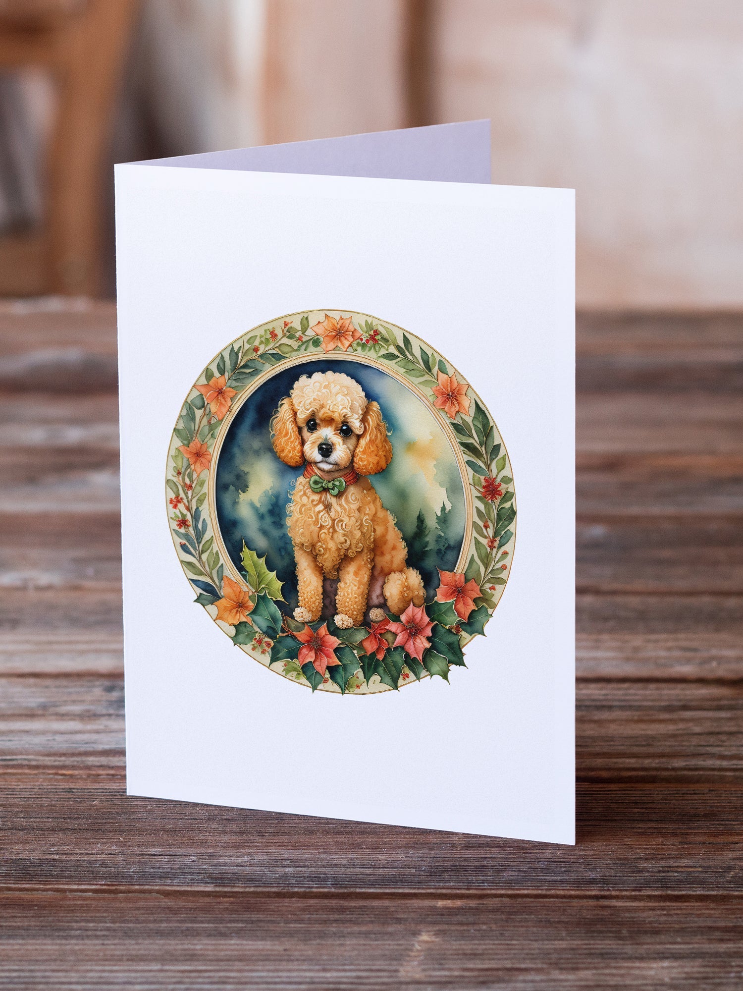 Poodle Christmas Flowers Greeting Cards Pack of 8 Blank Cards with Envelopes Whimsical A7 Size 5x7