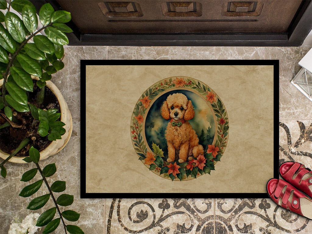 Poodle Christmas Flowers Doormat Indoor Outdoor 24H X 36W Front Door Mat Rugs for Entryway, Non Slip Washable Low Pile,