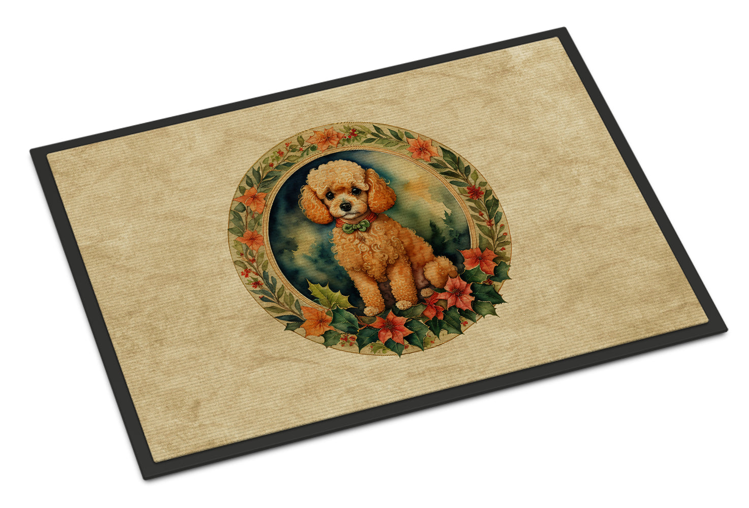 Poodle Christmas Flowers Doormat Indoor Outdoor 18H X 27W Front Door Mat Rugs for Entryway, Non Slip Washable