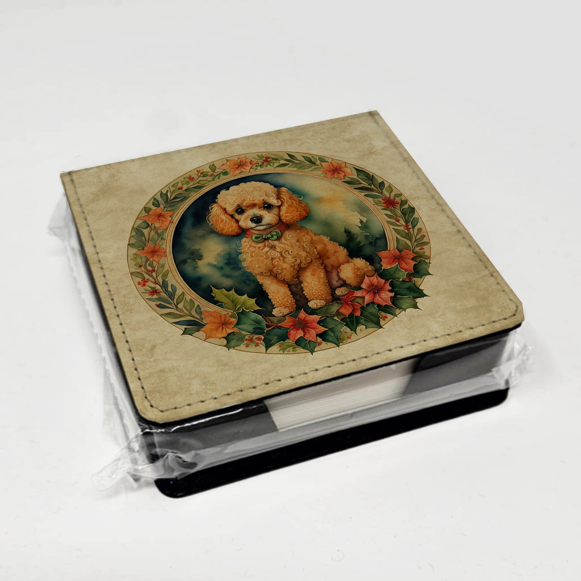 Poodle Christmas Flowers PU Leather Note Paper Holder with Artist-Designed Cover, Desk Accessory, Office Gift