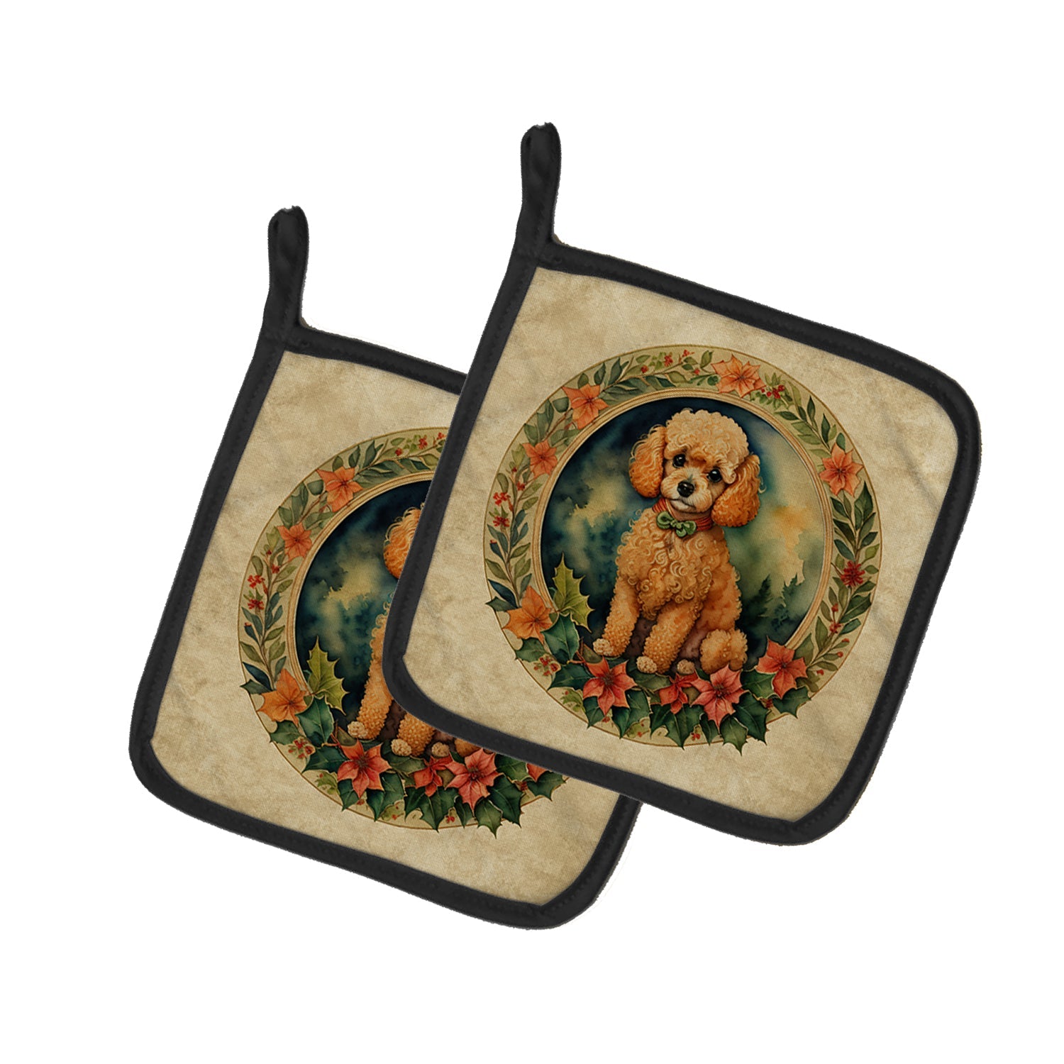Poodle Christmas Flowers Pot Holder Set of 2 Heat Resistant Quilted Hot Pads 7.5 x 7.5 Inch, Insulated Kitchen Trivets for Cooking & Baking