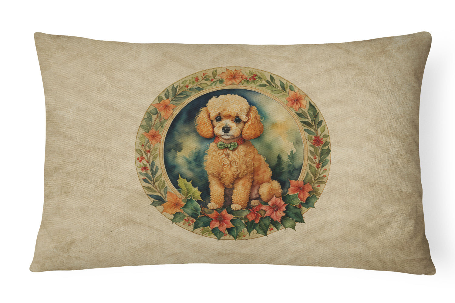 Poodle Christmas Flowers Decorative Throw Pillow 12x16 Indoor Outdoor Accent Cushion, Fabric Cover with Insert for Sofa, Bed, Porch & Living Room