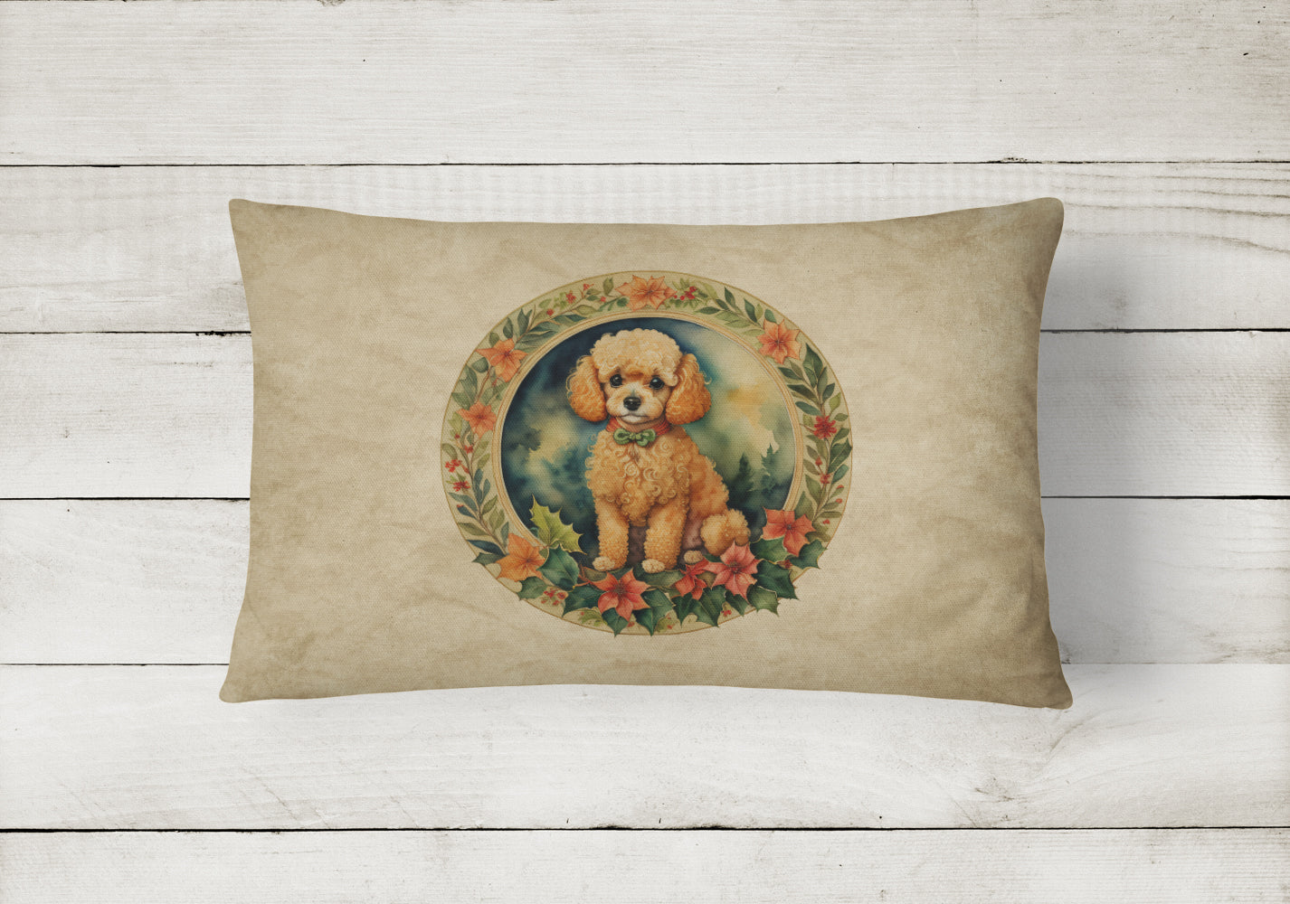 Poodle Christmas Flowers Decorative Throw Pillow 12x16 Indoor Outdoor Accent Cushion, Fabric Cover with Insert for Sofa, Bed, Porch & Living Room
