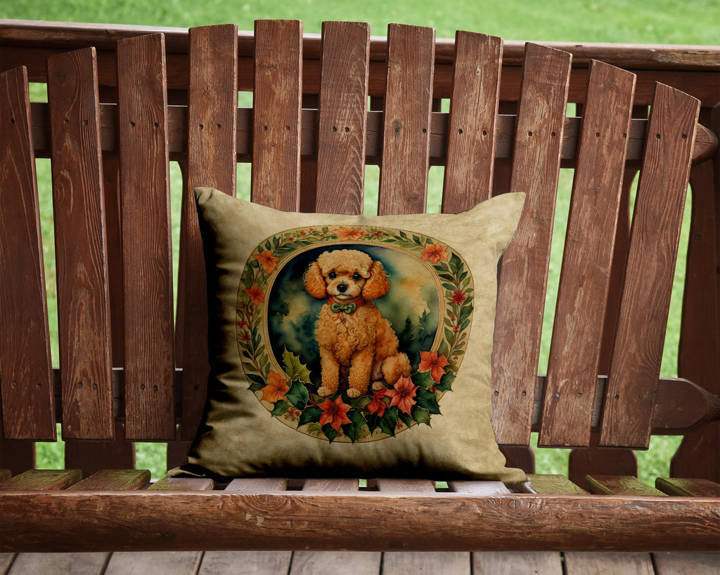 Poodle Christmas Flowers Decorative Throw Pillow 14x14 Indoor Outdoor Accent Cushion, Fabric Cover with Insert for Sofa, Bed, Porch & Living Room