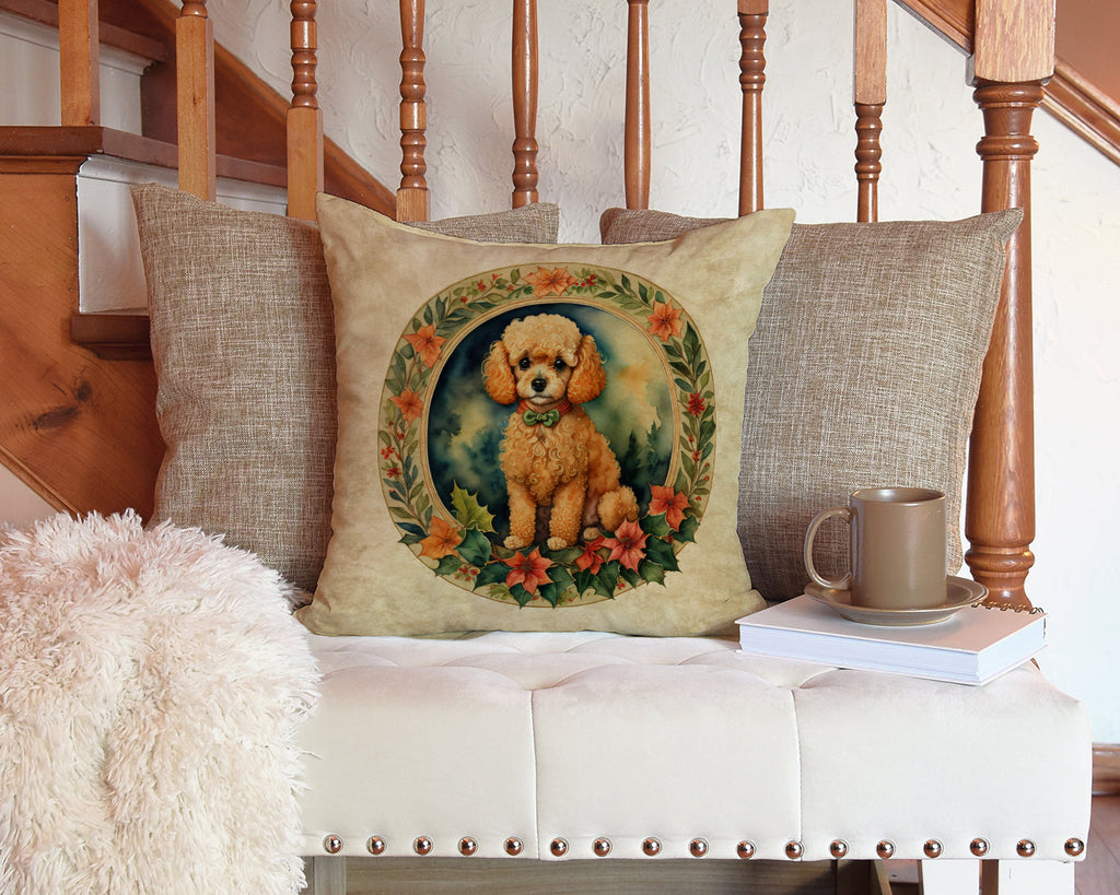 Poodle Christmas Flowers Decorative Throw Pillow 14x14 Indoor Outdoor Accent Cushion, Fabric Cover with Insert for Sofa, Bed, Porch & Living Room