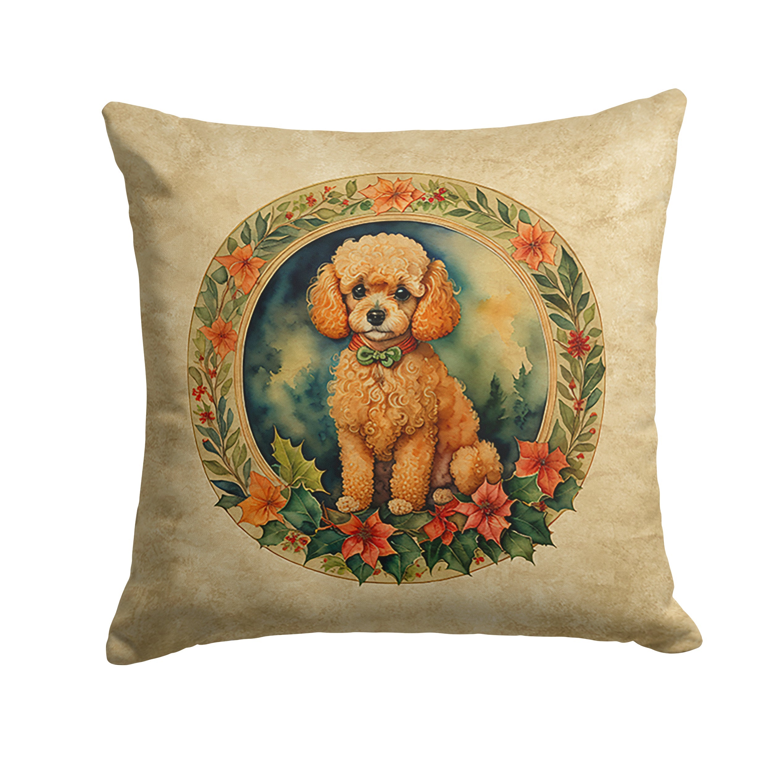 Poodle Christmas Flowers Decorative Throw Pillow 18x18 Indoor Outdoor Accent Cushion, Fabric Cover with Insert for Sofa, Bed, Porch & Living Room
