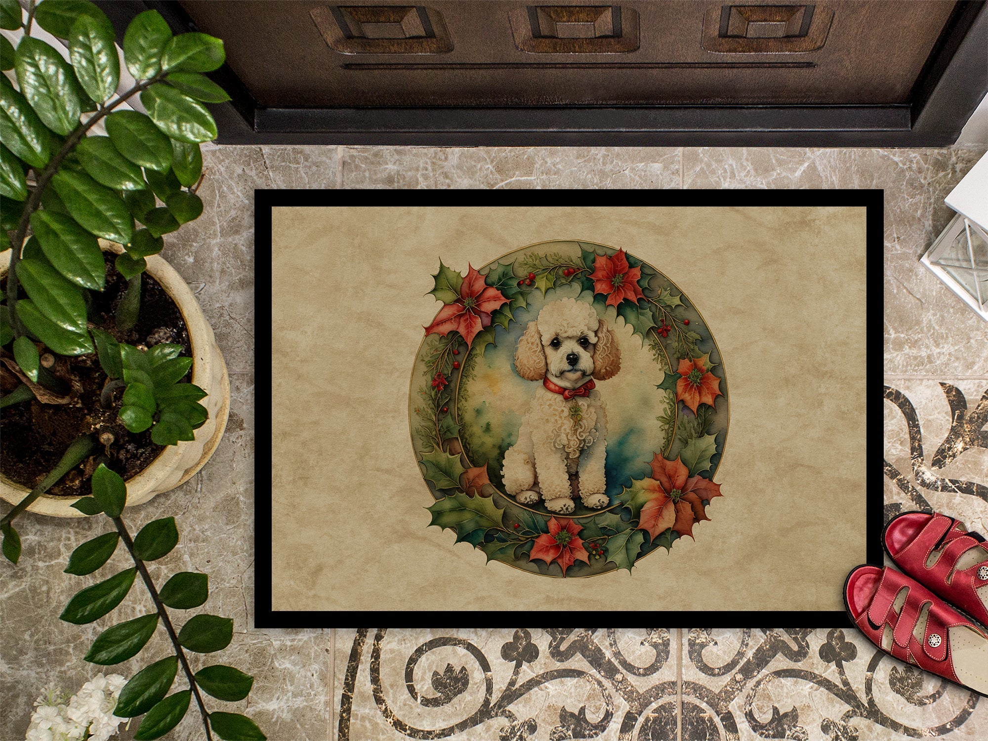 Poodle Christmas Flowers Doormat Indoor Outdoor 24H X 36W Front Door Mat Rugs for Entryway, Non Slip Washable Low Pile,