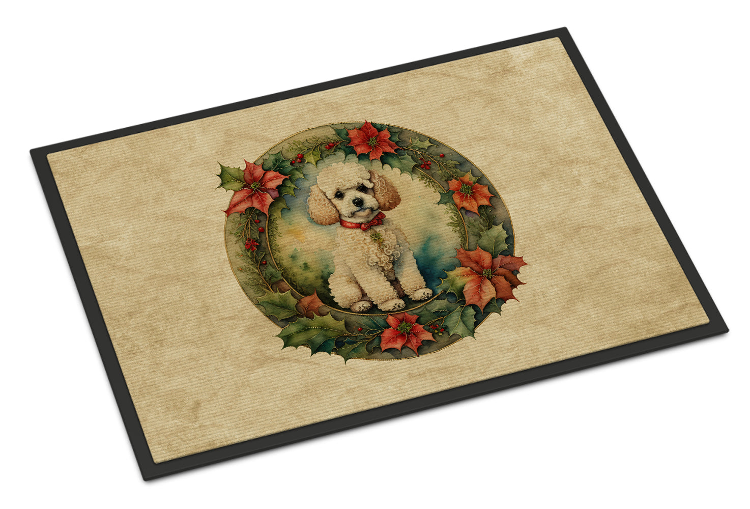 Poodle Christmas Flowers Doormat Indoor Outdoor 18H X 27W Front Door Mat Rugs for Entryway, Non Slip Washable