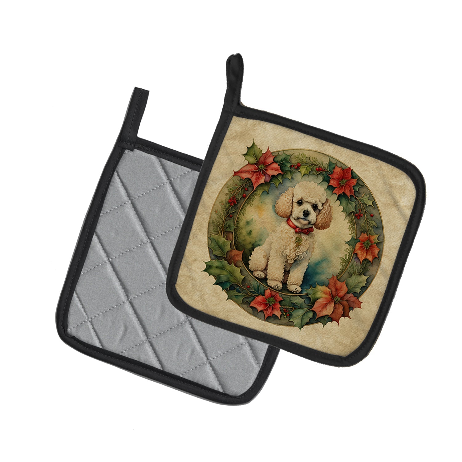 Poodle Christmas Flowers Pot Holder Set of 2 Heat Resistant Quilted Hot Pads 7.5 x 7.5 Inch, Insulated Kitchen Trivets for Cooking & Baking