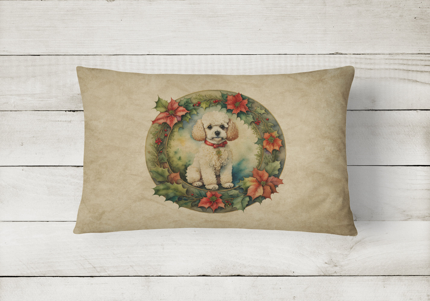Poodle Christmas Flowers Decorative Throw Pillow 12x16 Indoor Outdoor Accent Cushion, Fabric Cover with Insert for Sofa, Bed, Porch & Living Room
