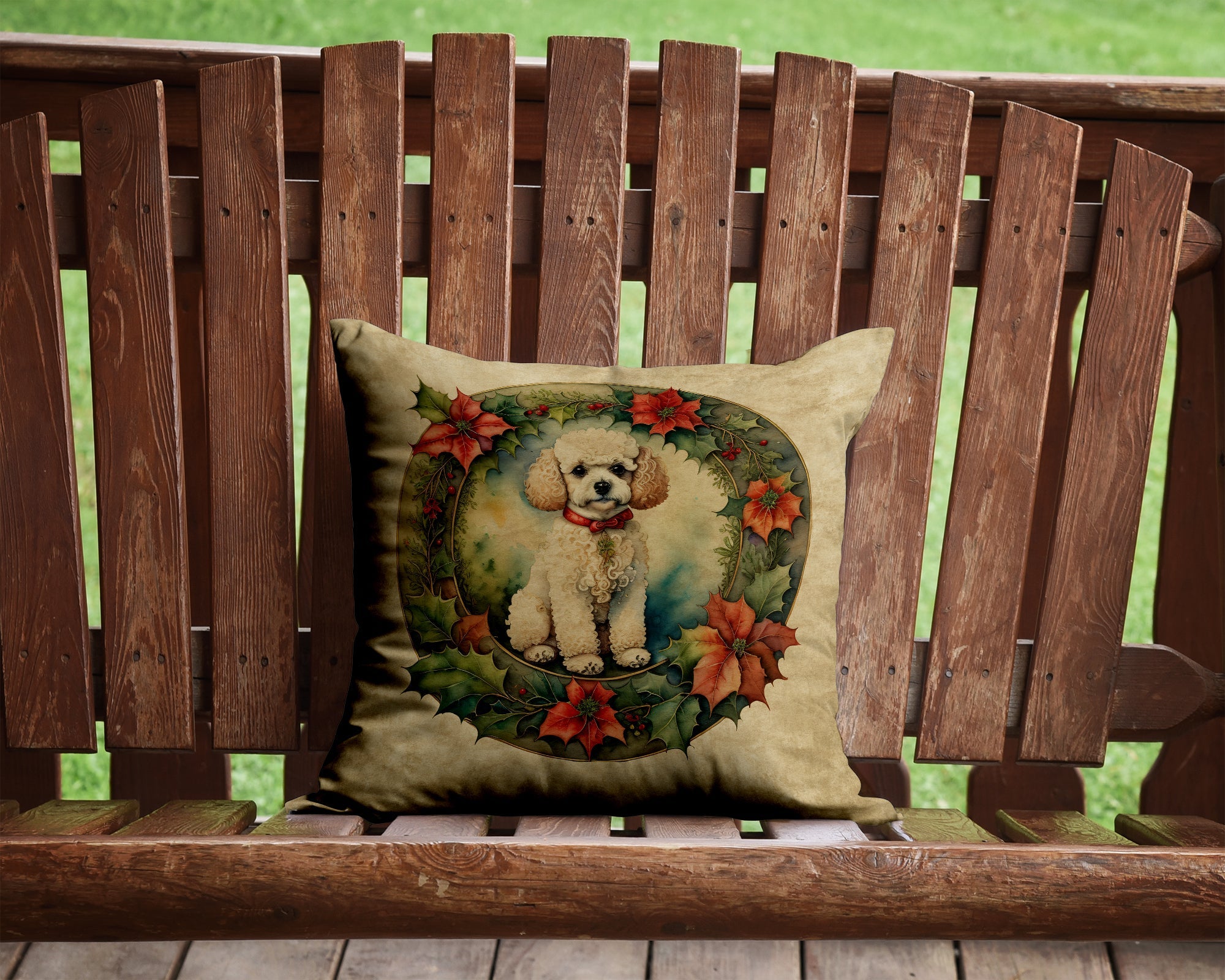 Poodle Christmas Flowers Decorative Throw Pillow 14x14 Indoor Outdoor Accent Cushion, Fabric Cover with Insert for Sofa, Bed, Porch & Living Room