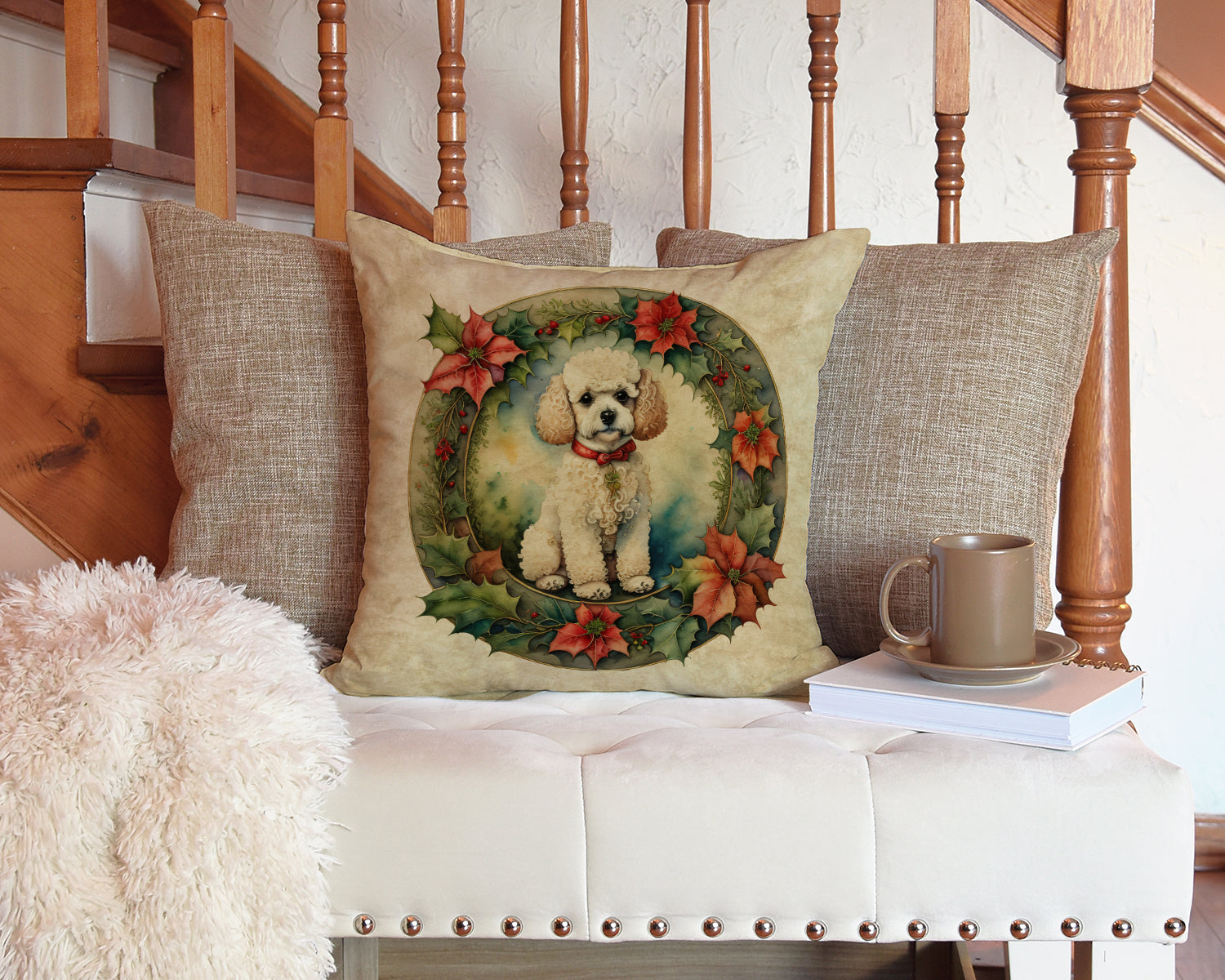 Poodle Christmas Flowers Decorative Throw Pillow 14x14 Indoor Outdoor Accent Cushion, Fabric Cover with Insert for Sofa, Bed, Porch & Living Room