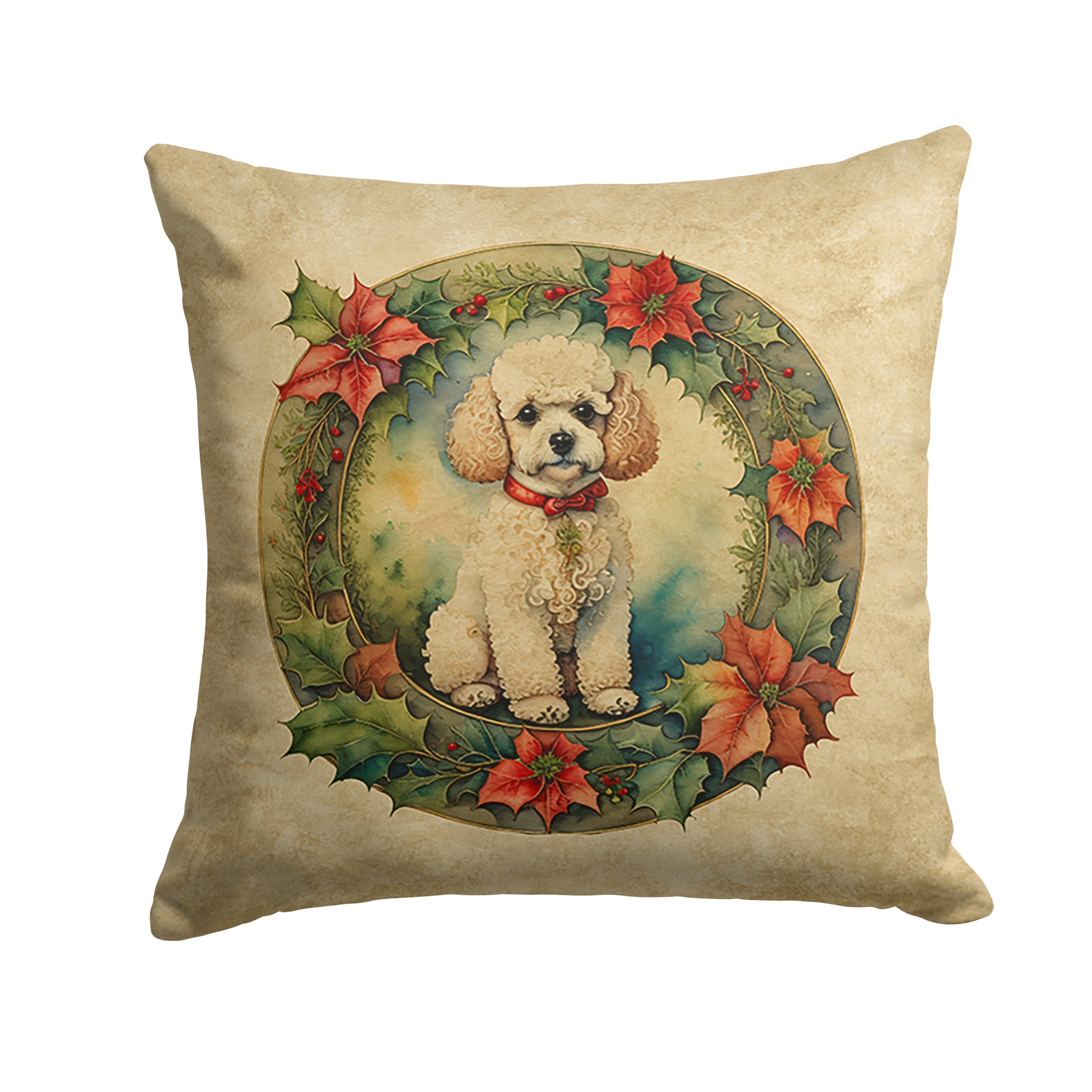 Poodle Christmas Flowers Decorative Throw Pillow 18x18 Indoor Outdoor Accent Cushion, Fabric Cover with Insert for Sofa, Bed, Porch & Living Room