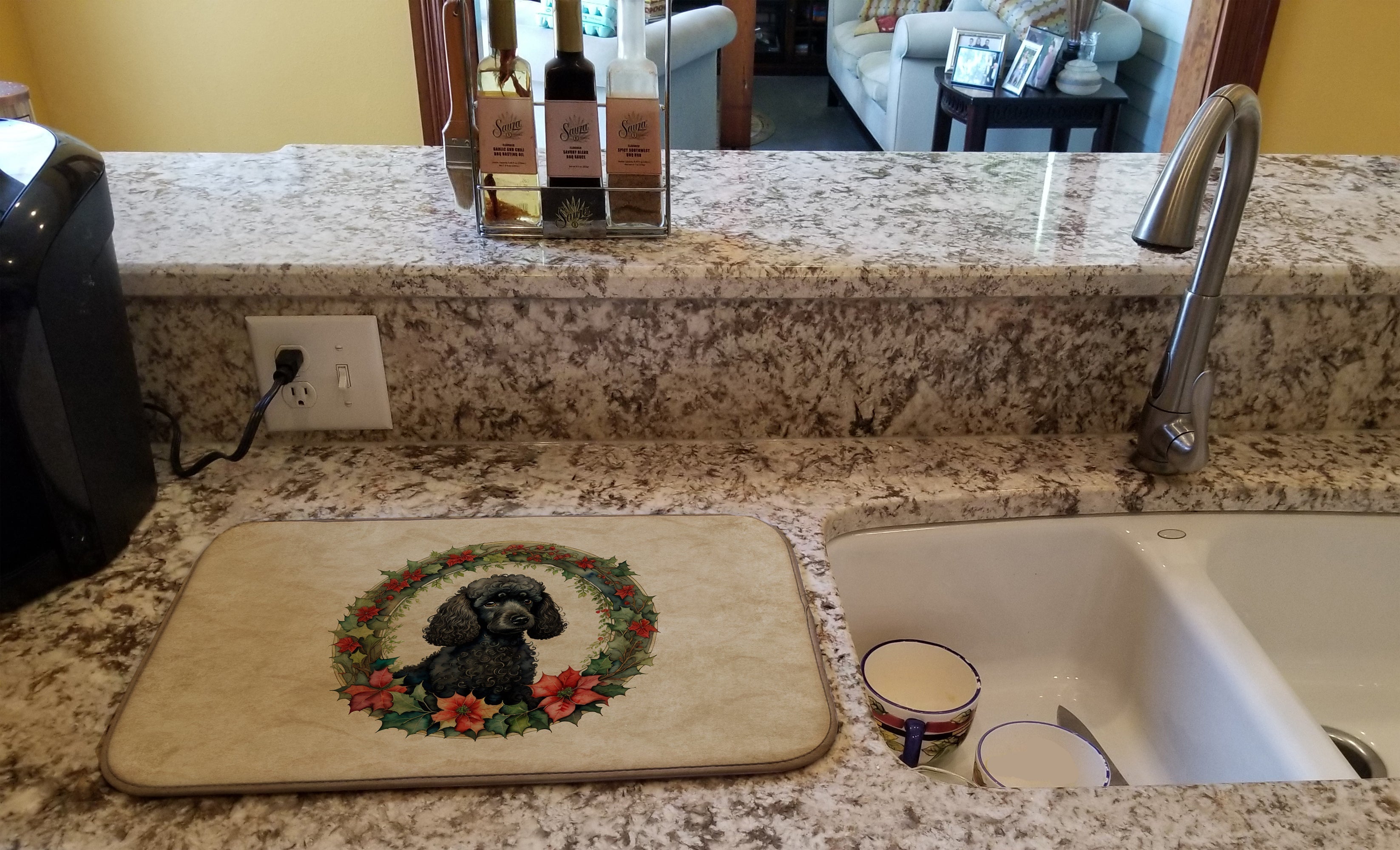 Poodle Christmas Flowers Dish Drying Mat Absorbent Dish Drying Mat Pad for Kitchen Counter Dish Drainer Mat for Countertop, 14 x 21", Multicolor