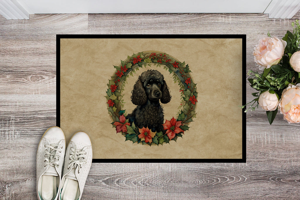 Poodle Christmas Flowers Doormat Indoor Outdoor 18H X 27W Front Door Mat Rugs for Entryway, Non Slip Washable