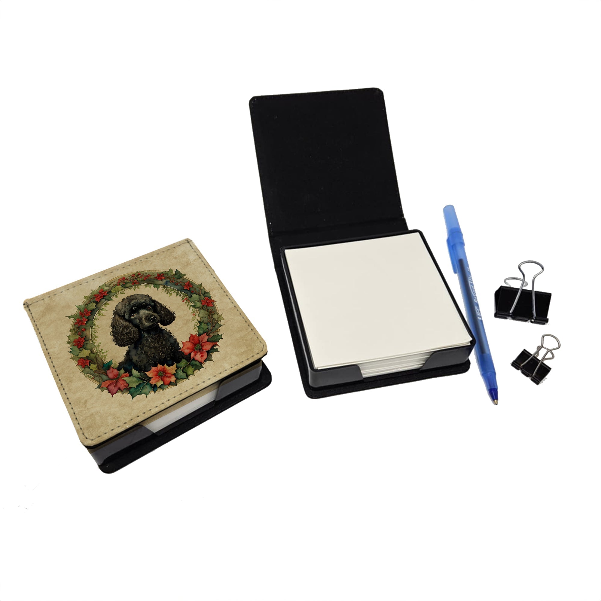 Poodle Christmas Flowers PU Leather Note Paper Holder with Artist-Designed Cover, Desk Accessory, Office Gift