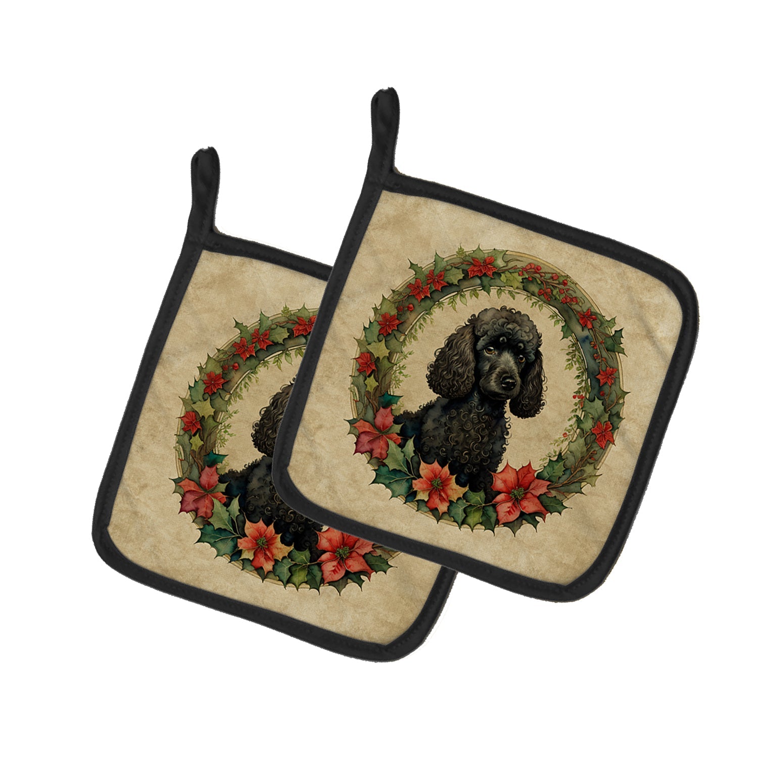 Poodle Christmas Flowers Pot Holder Set of 2 Heat Resistant Quilted Hot Pads 7.5 x 7.5 Inch, Insulated Kitchen Trivets for Cooking & Baking