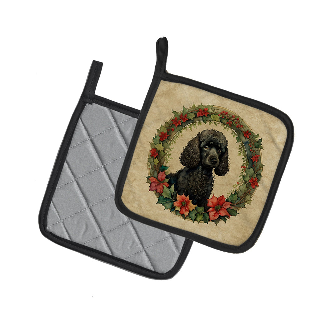 Poodle Christmas Flowers Pot Holder Set of 2 Heat Resistant Quilted Hot Pads 7.5 x 7.5 Inch, Insulated Kitchen Trivets for Cooking & Baking
