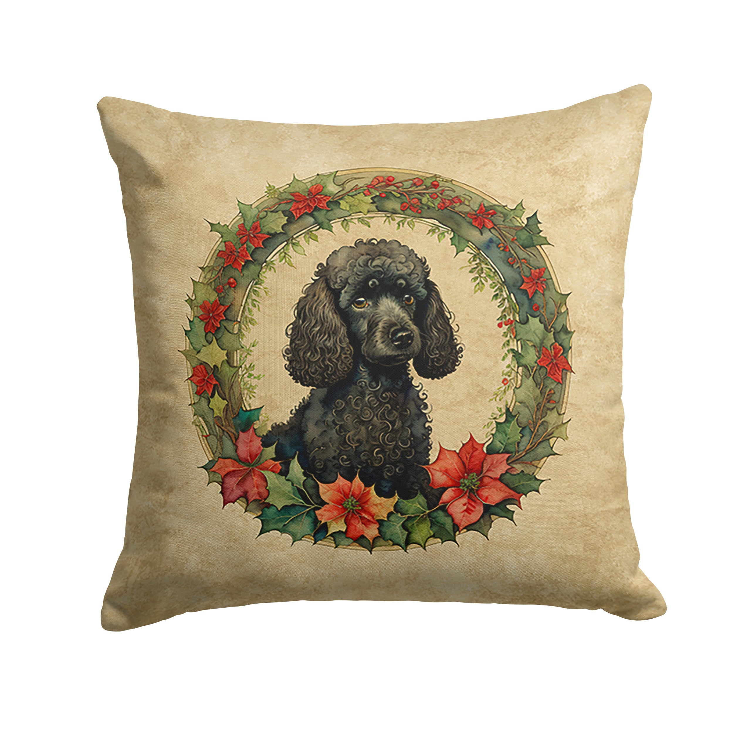 Poodle Christmas Flowers Decorative Throw Pillow 14x14 Indoor Outdoor Accent Cushion, Fabric Cover with Insert for Sofa, Bed, Porch & Living Room