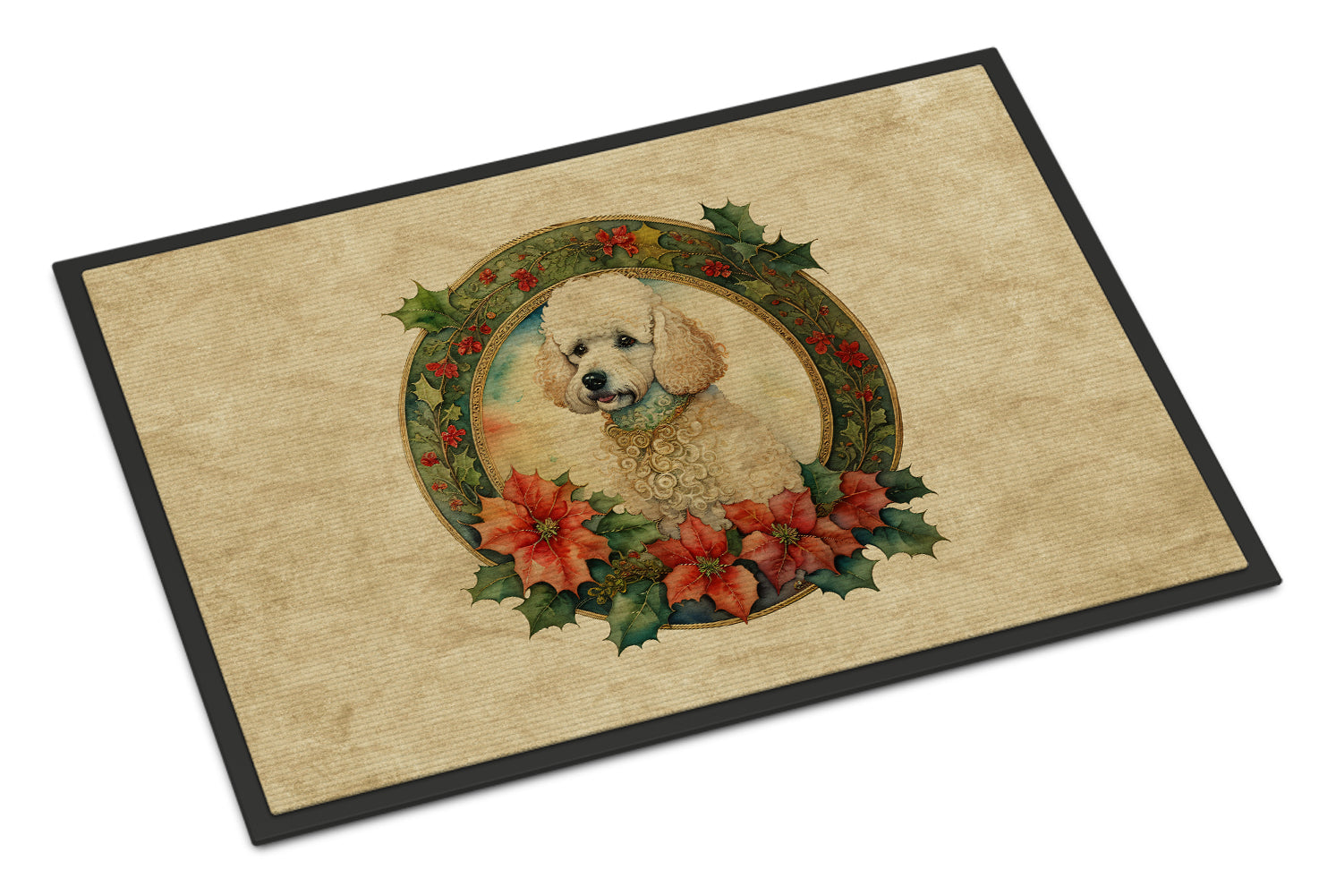 Poodle Christmas Flowers Doormat Indoor Outdoor 24H X 36W Front Door Mat Rugs for Entryway, Non Slip Washable Low Pile,
