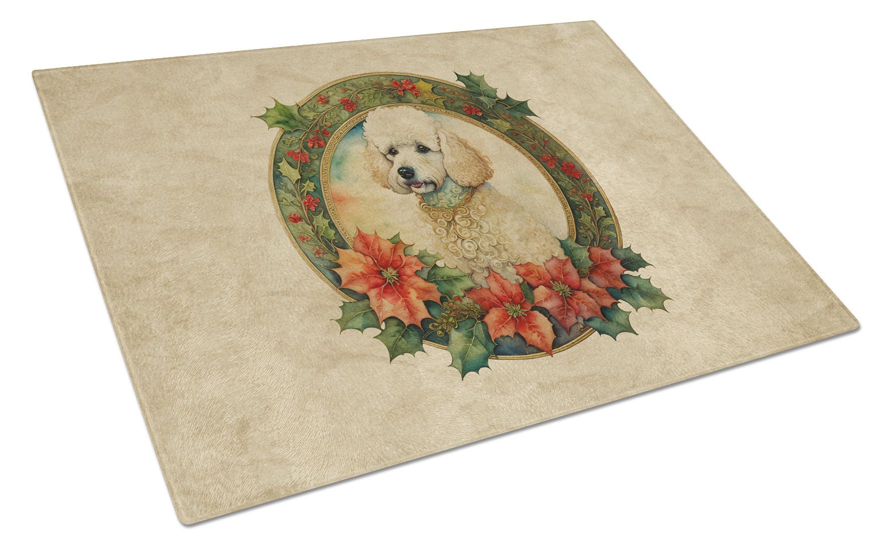 Poodle Christmas Flowers Cutting Board Tempered Glass Kitchen Cutting Surface, Heat Resistant Chopping, Non-Slip Feet, Food Prep & Serving