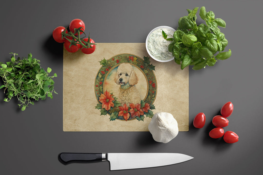 Poodle Christmas Flowers Cutting Board Tempered Glass Kitchen Cutting Surface, Heat Resistant Chopping, Non-Slip Feet, Food Prep & Serving