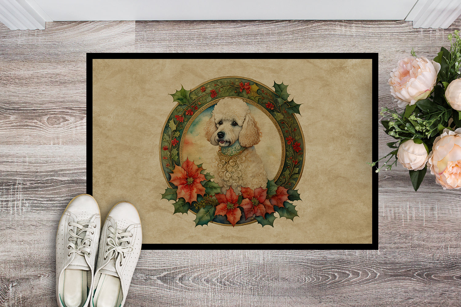 Poodle Christmas Flowers Doormat Indoor Outdoor 18H X 27W Front Door Mat Rugs for Entryway, Non Slip Washable