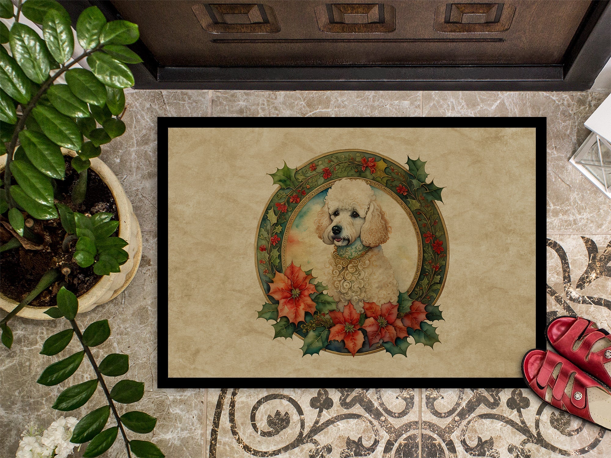 Poodle Christmas Flowers Doormat Indoor Outdoor 18H X 27W Front Door Mat Rugs for Entryway, Non Slip Washable