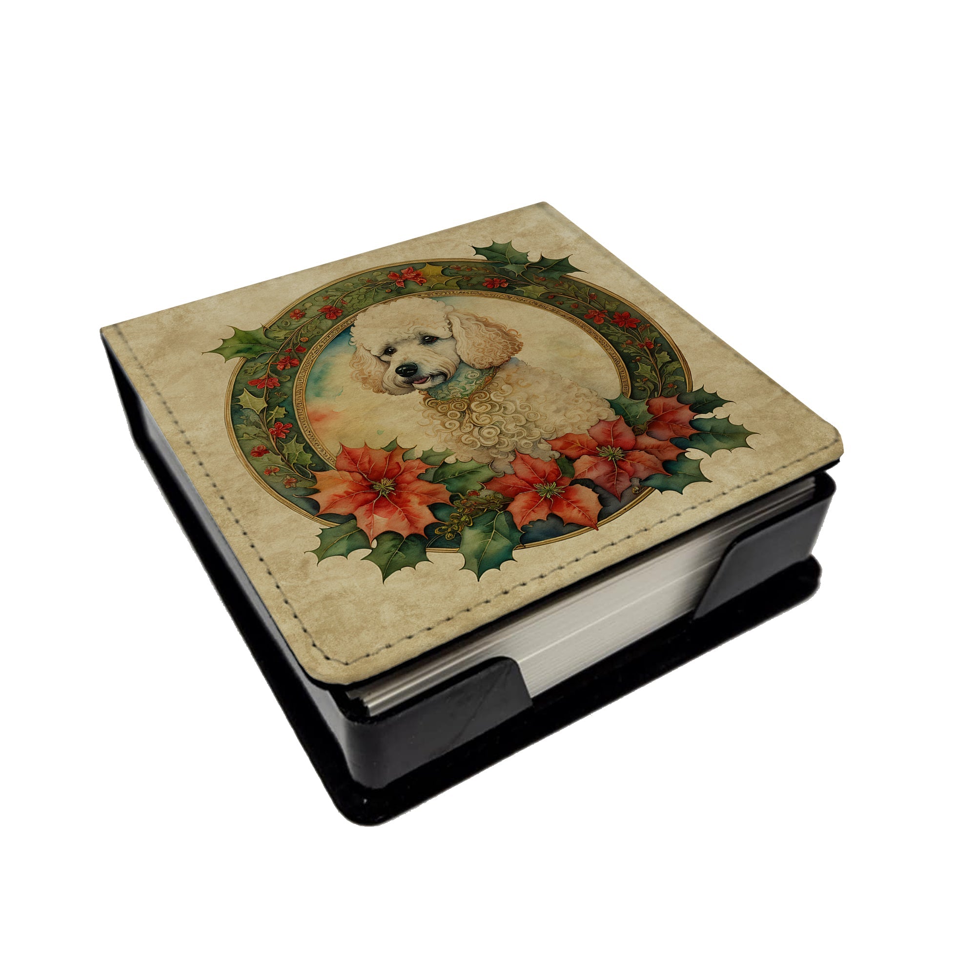 Poodle Christmas Flowers PU Leather Note Paper Holder with Artist-Designed Cover, Desk Accessory, Office Gift