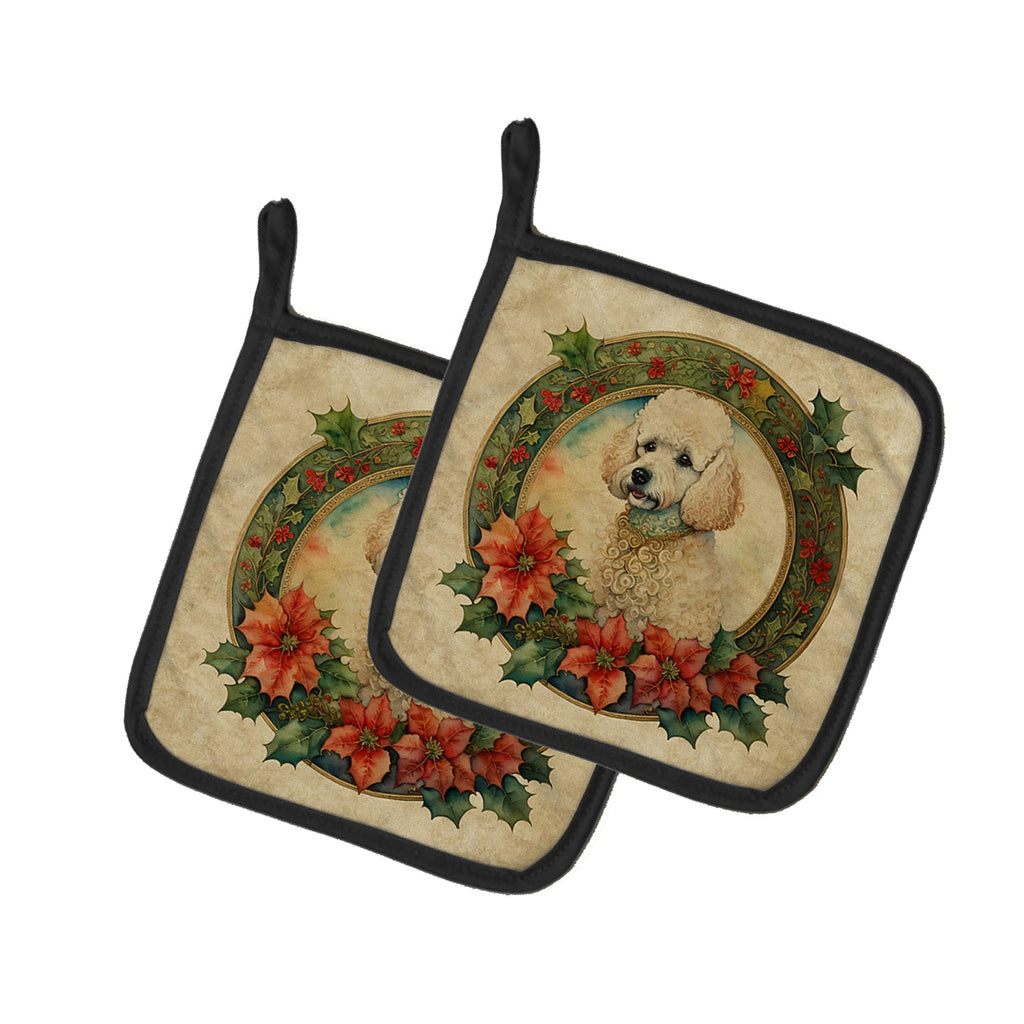 Poodle Christmas Flowers Pot Holder Set of 2 Heat Resistant Quilted Hot Pads 7.5 x 7.5 Inch, Insulated Kitchen Trivets for Cooking & Baking