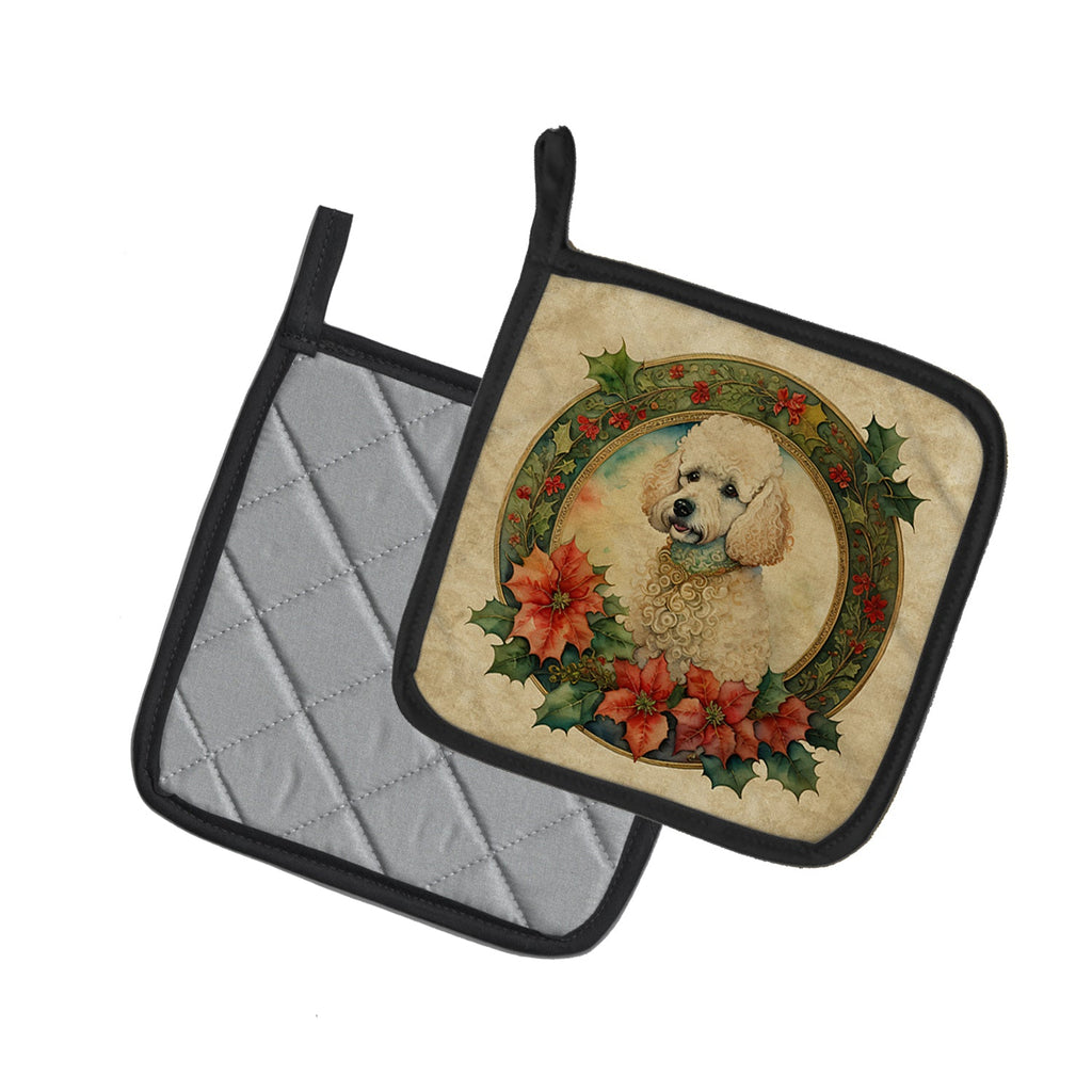 Poodle Christmas Flowers Pot Holder Set of 2 Heat Resistant Quilted Hot Pads 7.5 x 7.5 Inch, Insulated Kitchen Trivets for Cooking & Baking