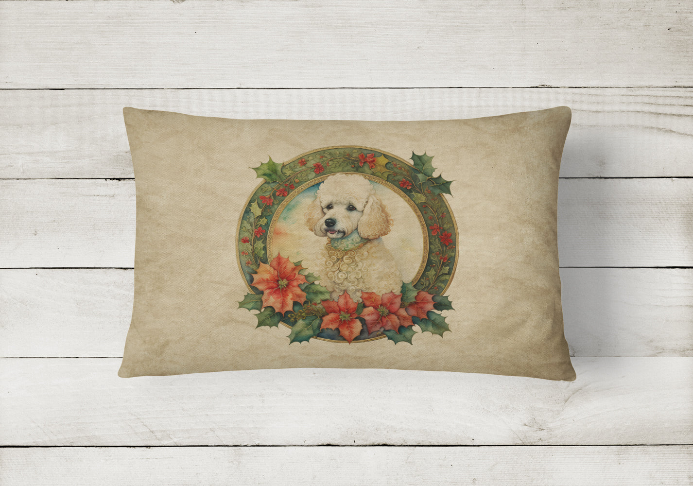 Poodle Christmas Flowers Decorative Throw Pillow 12x16 Indoor Outdoor Accent Cushion, Fabric Cover with Insert for Sofa, Bed, Porch & Living Room