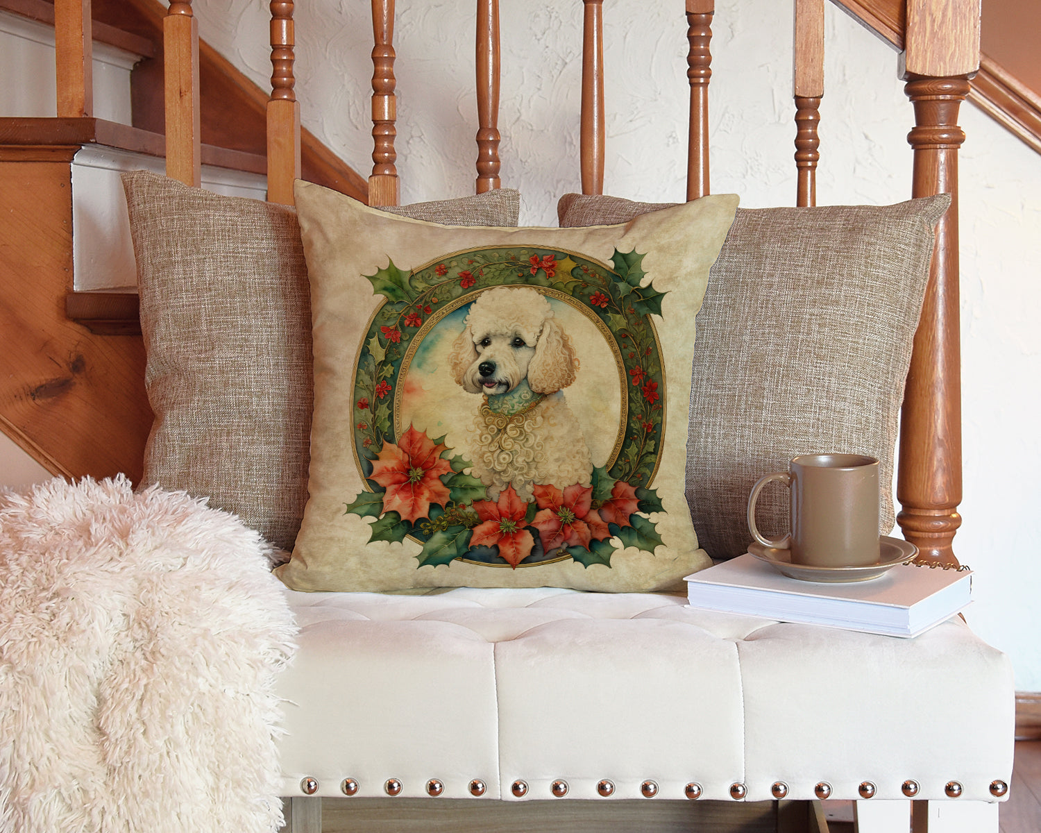 Poodle Christmas Flowers Decorative Throw Pillow 14x14 Indoor Outdoor Accent Cushion, Fabric Cover with Insert for Sofa, Bed, Porch & Living Room