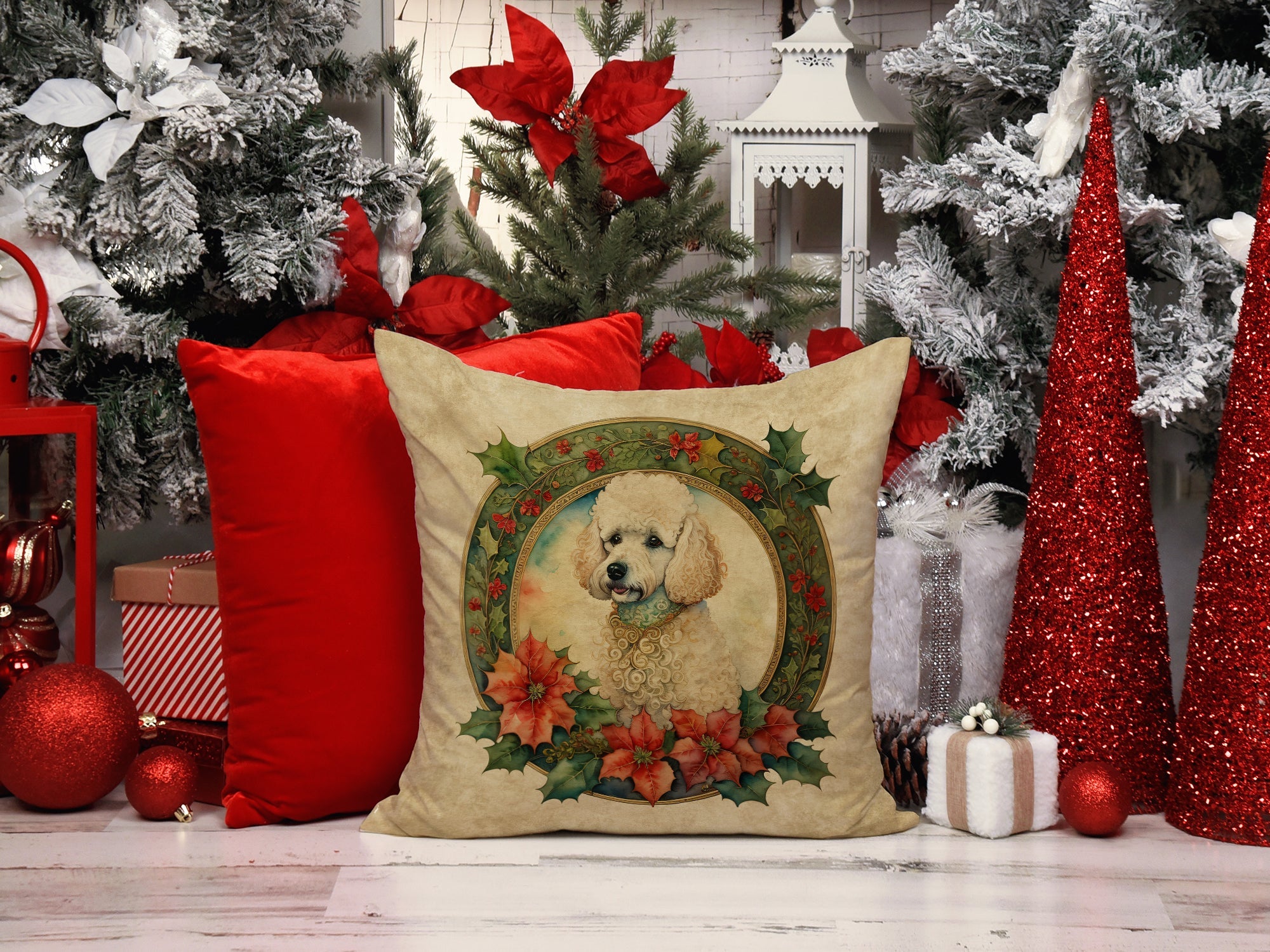 Poodle Christmas Flowers Decorative Throw Pillow 18x18 Indoor Outdoor Accent Cushion, Fabric Cover with Insert for Sofa, Bed, Porch & Living Room