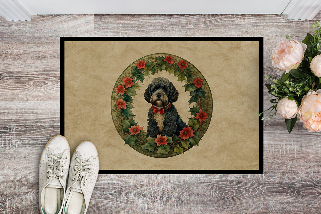 Portuguese Water Dog Christmas Flowers Doormat Indoor Outdoor 18H X 27W Front Door Mat Rugs for Entryway, Non Slip Washable