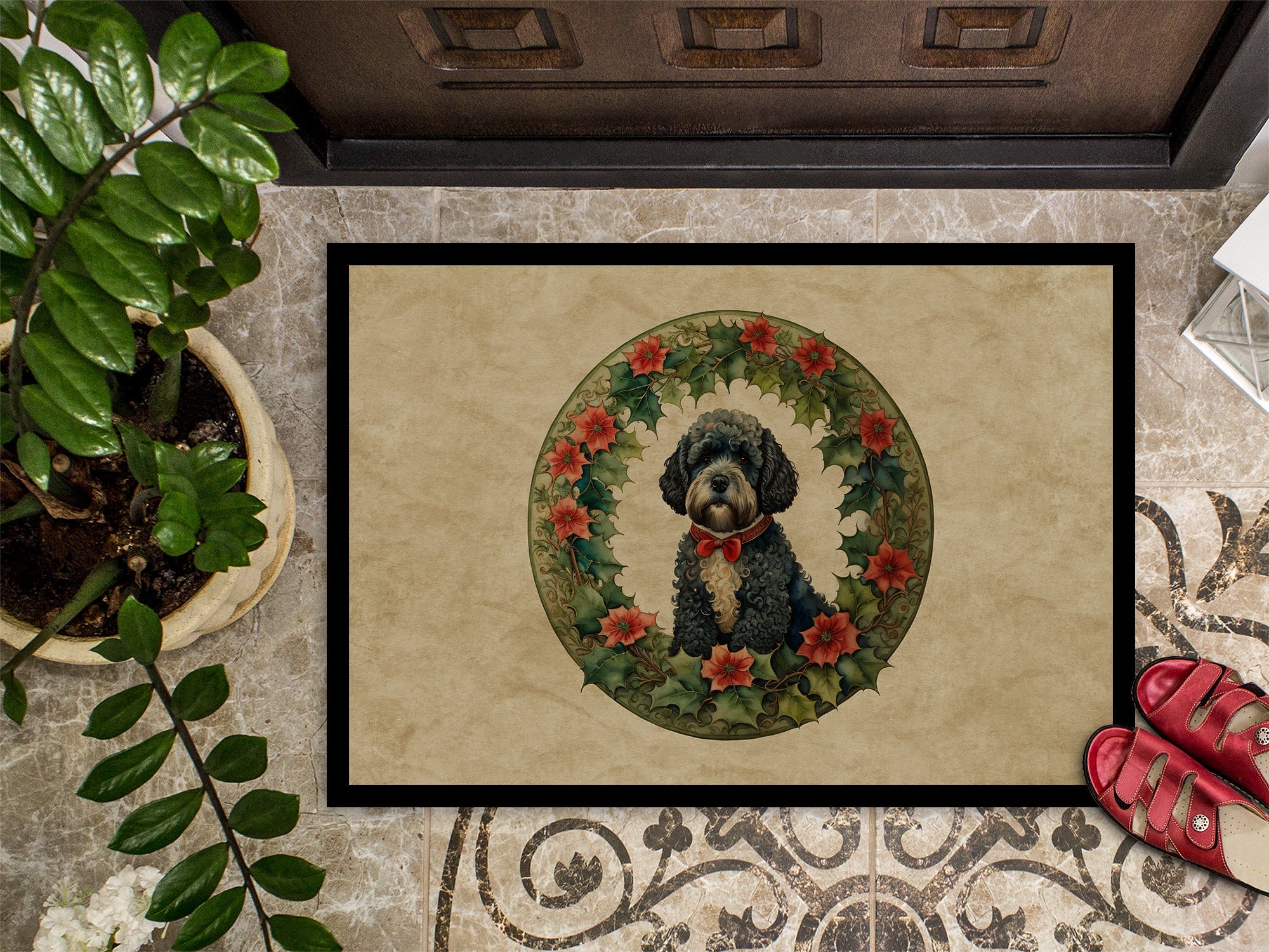Portuguese Water Dog Christmas Flowers Doormat Indoor Outdoor 18H X 27W Front Door Mat Rugs for Entryway, Non Slip Washable