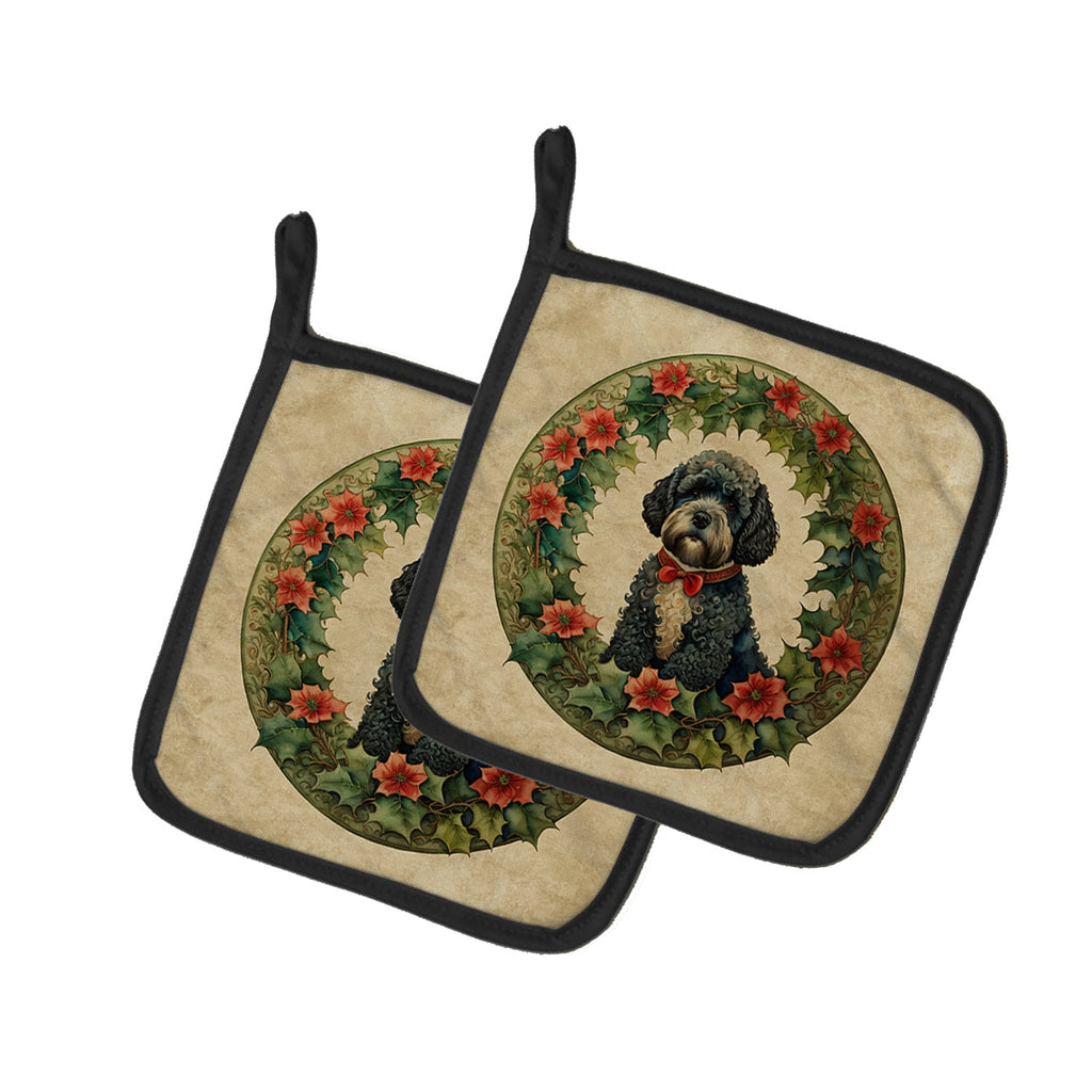 Portuguese Water Dog Christmas Flowers Pot Holder Set of 2 Heat Resistant Quilted Hot Pads 7.5 x 7.5 Inch, Insulated Kitchen Trivets for Cooking & Baking