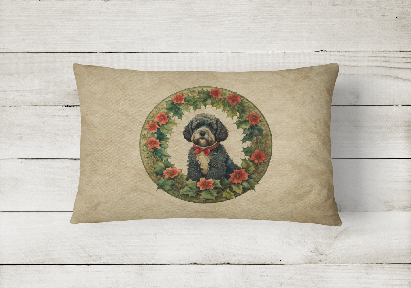 Portuguese Water Dog Christmas Flowers Decorative Throw Pillow 12x16 Indoor Outdoor Accent Cushion, Fabric Cover with Insert for Sofa, Bed, Porch & Living Room